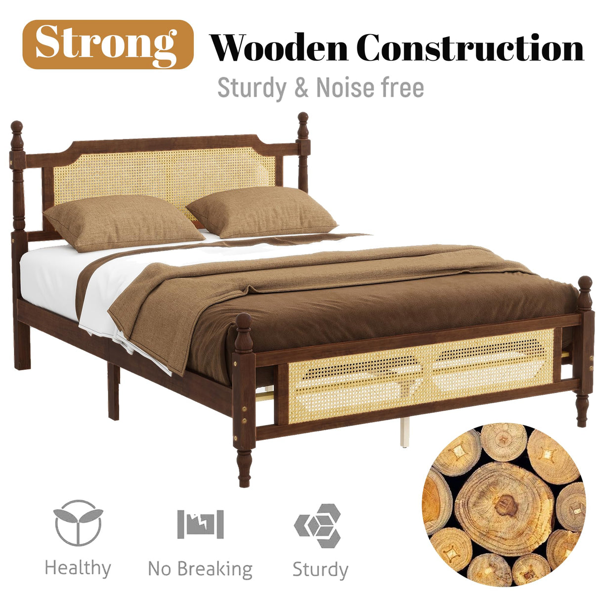 MoproBeti Queen Bed Frame with Rattan Headboard and Footboard, Rubber Wood Platform Bed Frame with Large Under Bed Storage,Boho and Mid Century Style, No Box Spring Needed, Easy Assembly,Walnut MoproBeti