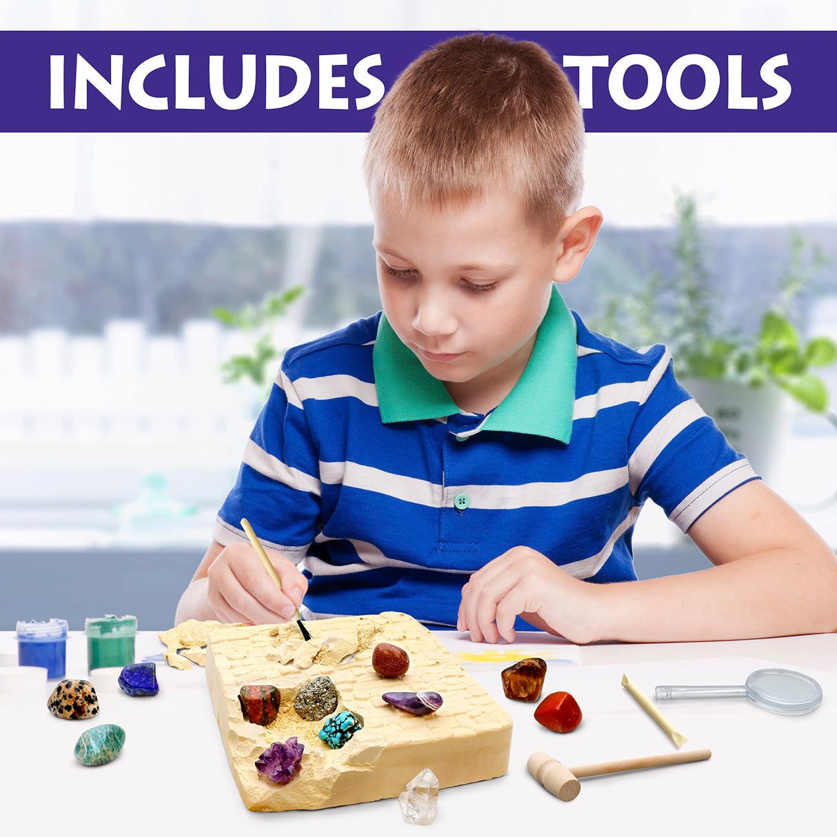 DANCING BEAR Gem stone Dig Kit, Excavate 16 Real Gems & Crystals including Arrowheads, Quartz Point and Amethyst, STEM Education for Kids, Fun Rock Mining Science Activity Gift Sets for Girls and Boys DANCING BEAR
