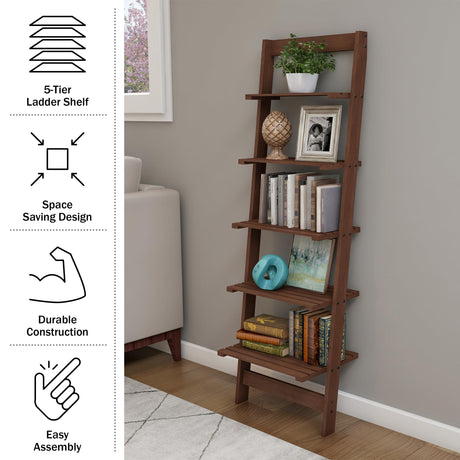 5-Tier Ladder Shelf - 50-Inch Narrow Leaning Bookshelf - Wooden Bookcase for Living Room, Bathroom, Kitchen, Office, or Bedroom Furniture by Lavish Home (Walnut) Lavish Home