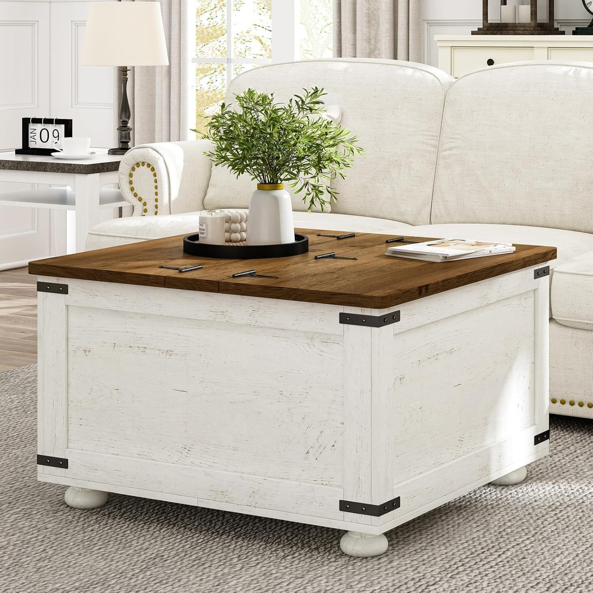 MaverickFurni Farmhouse Coffee Table with Storage, White Square Center Table with Hidden Storage Organizer for Living Room, Center Table with Hinged Flip-Top Lids MaverickFurni