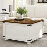 MaverickFurni Farmhouse Coffee Table with Storage, White Square Center Table with Hidden Storage Organizer for Living Room, Center Table with Hinged Flip-Top Lids MaverickFurni
