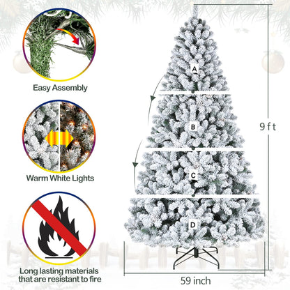 Hykolity 9 ft Snow Flocked Christmas Tree with 600 Warm White Lights, 2100 Tips, Metal Stand and Hinged Branches