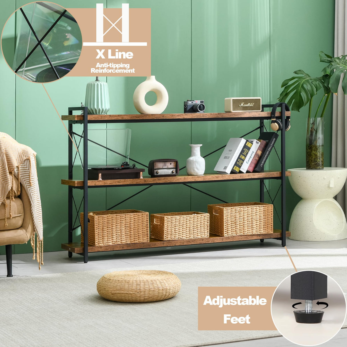 HCHQHS Bookshelf, 3-Tier Long Industrial Bookcase, Rustic Open Book Shelf, Freestanding Horizontal Bookshelves with Metal Frame HCHQHS