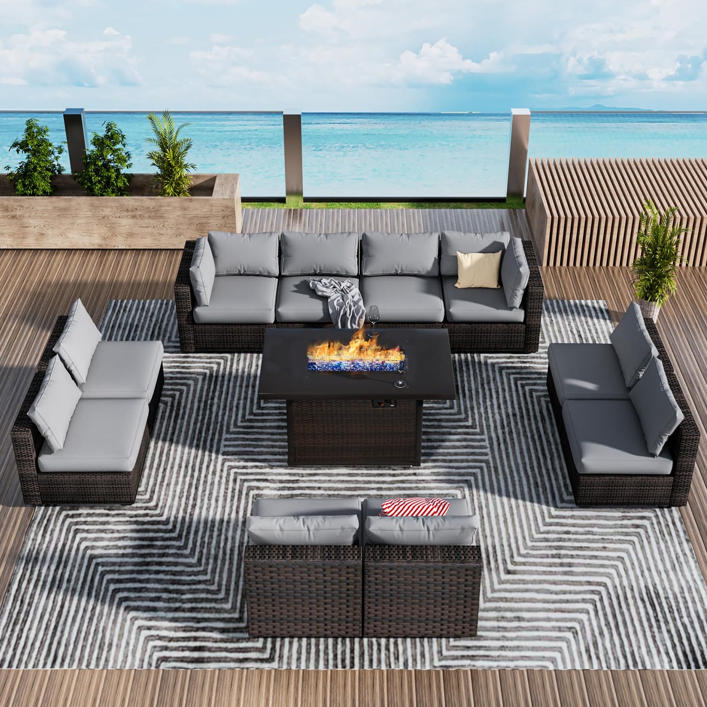 Patio Furniture Set with Fire Pit Table, 11 Pieces PE Rattan Wicker Outdoor Sectional Conversation Sofa Set with Non-Slip Cushions and Waterproof Covers Grey