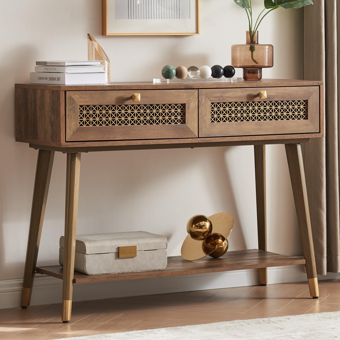 JYED Mid Century Modern Console Table,Boho Wood Sofa Table with 2 Metal Mesh Storage Drawers,Rustic Oak Behind Couch Table,Foyer Table with Open Shelf for Living Room,Hallway - WoodArtSupply