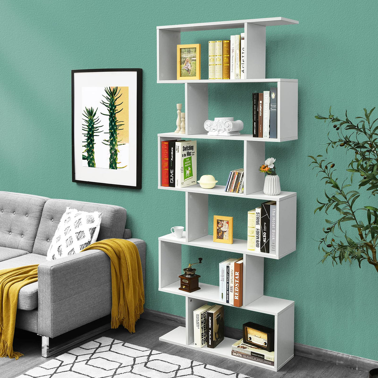 Tangkula 6 Tier S Shaped Bookshelf, 31.5''L x 9''W x 75''H, Wooden Bookcase and Bookshelves w/Anti-Toppling Device, Room Divider Display Shelves for Living Room, Home Decor, 6 Shelf Bookshelf Tangkula