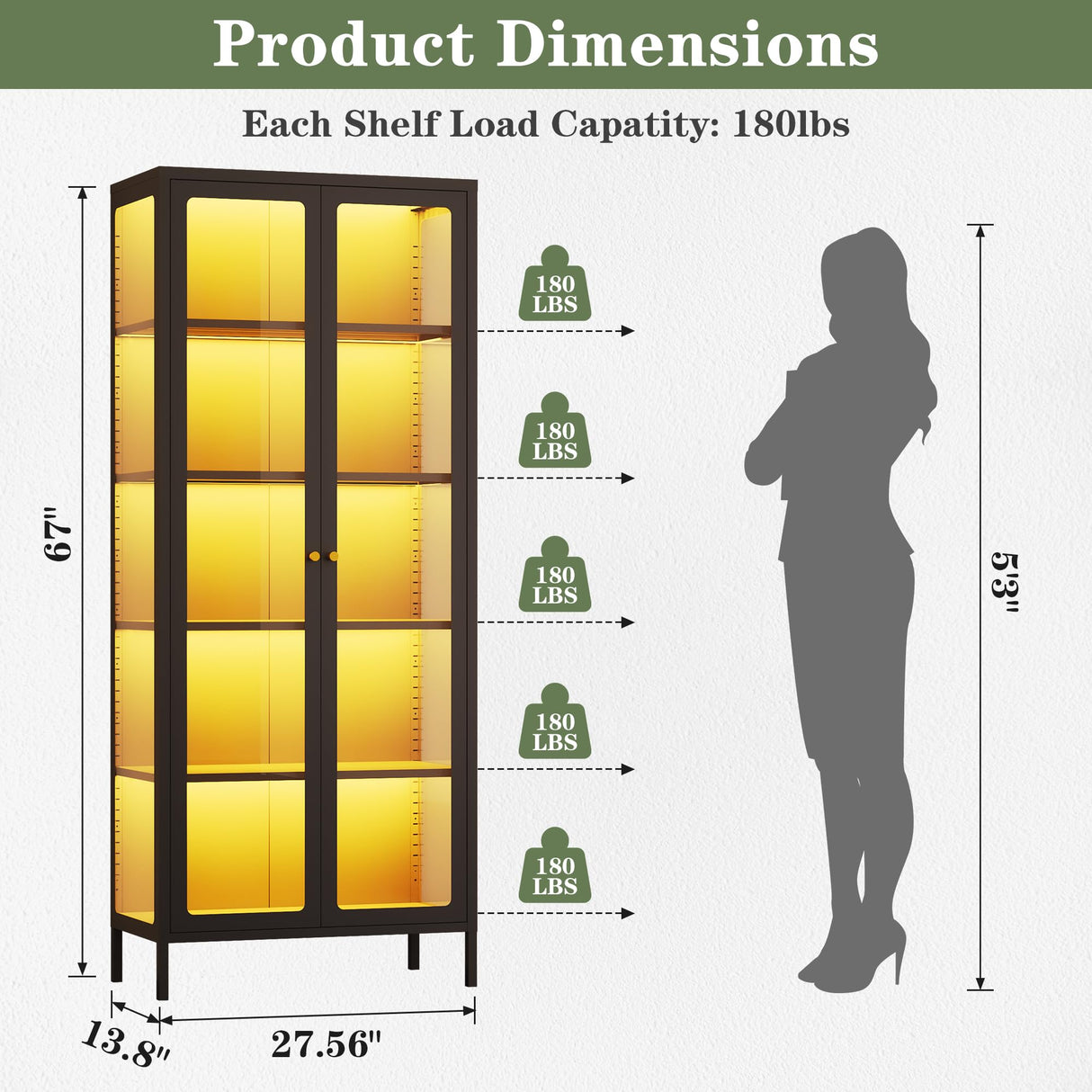 Lucky Monet 5-Tier Glass Display Cabinet with LED Lights, 67" Tall Metal Curio Cabinets with Glass Door and 4 Adjustable Shelves, Large Display Case for Collectibles Figures China Books (Black) Lucky Monet