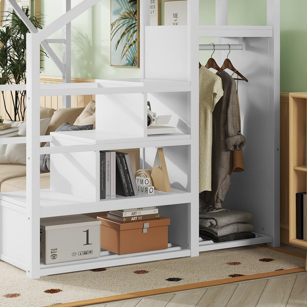 KEIKI Full Size Metal Loft Bed Frame with Convertible Staircase, Built-in Storage Shelves & Wardrobe, Loft Bed with Solid Slats & Guardrail, No Box Spring Required, Easy Assembly, for Bedroom, White KEIKI