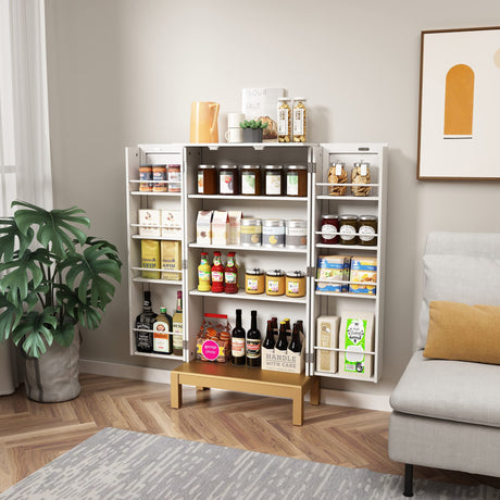 HOLTICO 45'' Storage Cabinet with Doors and Adjustable Shelves,Food Pantry Cabinet for Kitchen,Dining Room,Living Room and Garage,Gold Lines and Legs, White. HOLTICO