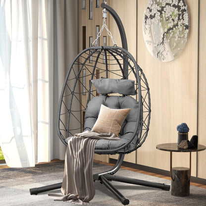 DWVO Egg Hanging Swing Chair with Stand Egg Chair Wicker Egg Chair with Cushions 330lbs for Patio, Bedroom, Garden and Balcony, Dark Gray