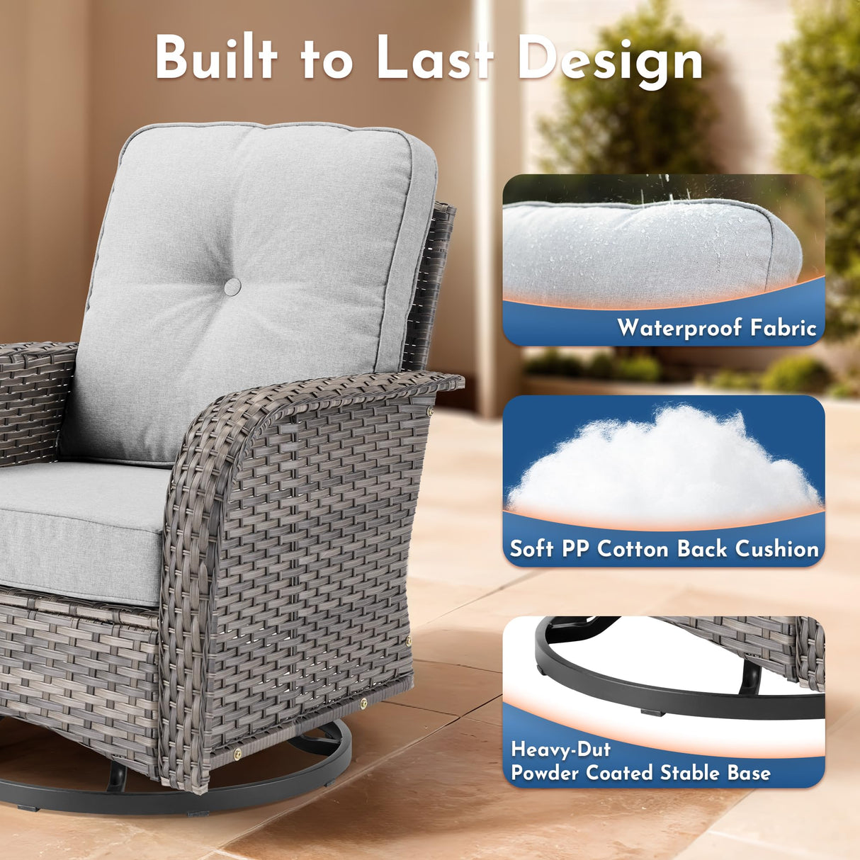 Weaxty Wicker Patio Furniture Set with Swivel Rocker Chairs Outdoor Loveseat Sofa and Rattan Coffee Table, 5 Pieces Outdoor Conversation Sets for Patio Porch Deck Backyard Poolside, Light Gray weaxty W
