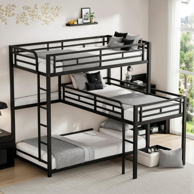 PVWIIK Triple Bunk Bed with Built-in Ladder and Full-Length Guardrails for 3 Kids,Metal L-Shaped Bunk Bed,Space Saving Design, No Box Spring Needed, Black