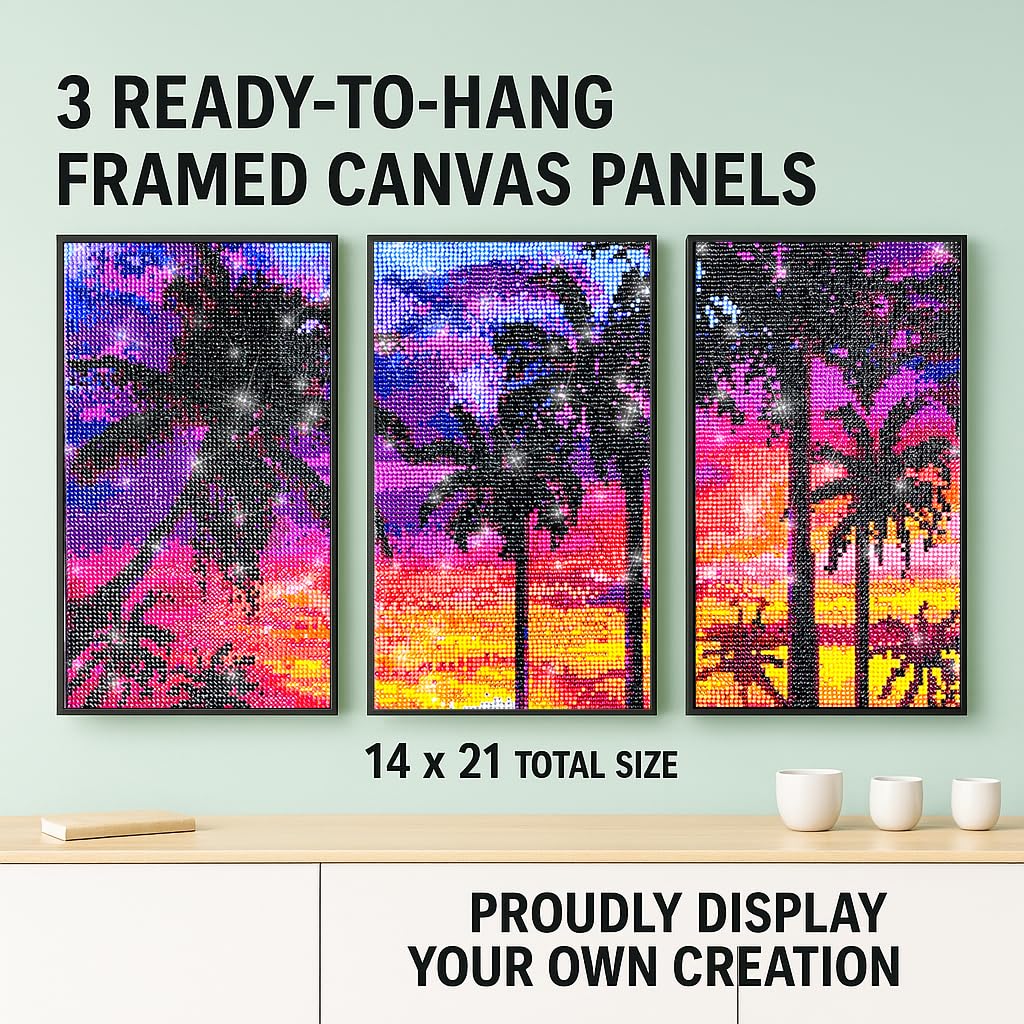 ArtSkills Diamond Painting Kit, Diamond Art on Framed Canvas with Gem Storage Case and Accessory Kit, Beach, 3 Stretched Canvas Panels, 14” x 7” Each ArtSkills