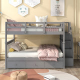 Harper & Bright Designs Full Over Full Bunk Bed with Storage, Solid Wood Full Bunk Bed Frame with Stairs and Drawers, for Kids Teens Adults (Gray) Harper & Bright Designs