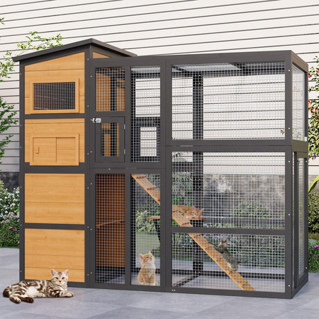 JFHID 4-Tier Cat Catio Enclosure with Weatherproof Roof, 3 Resting Rooms & Climbing Ramp, Large Outdoor Indoor Cat House Cage for Small Animals, Brown and Black JFHID