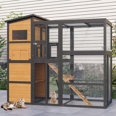 JFHID 4-Tier Cat Catio Enclosure with Weatherproof Roof, 3 Resting Rooms & Climbing Ramp, Large Outdoor Indoor Cat House Cage for Small Animals, Brown and Black