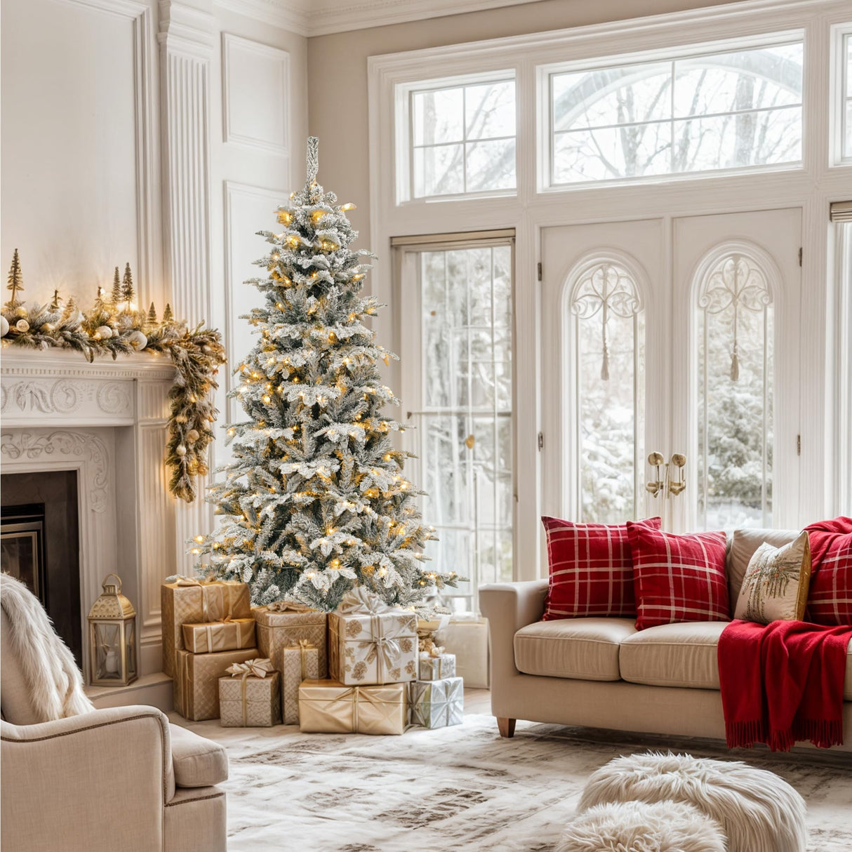 YITAHOME Pre-Lit Flocked Artificial Christmas Tree with Remote, 6.5 FT Snow Flocked Natural Layered Christmas Tree with 760 PE & PVC Mixed Tips and 350 Lights for Home, Office, Party Decoration YITAHOME