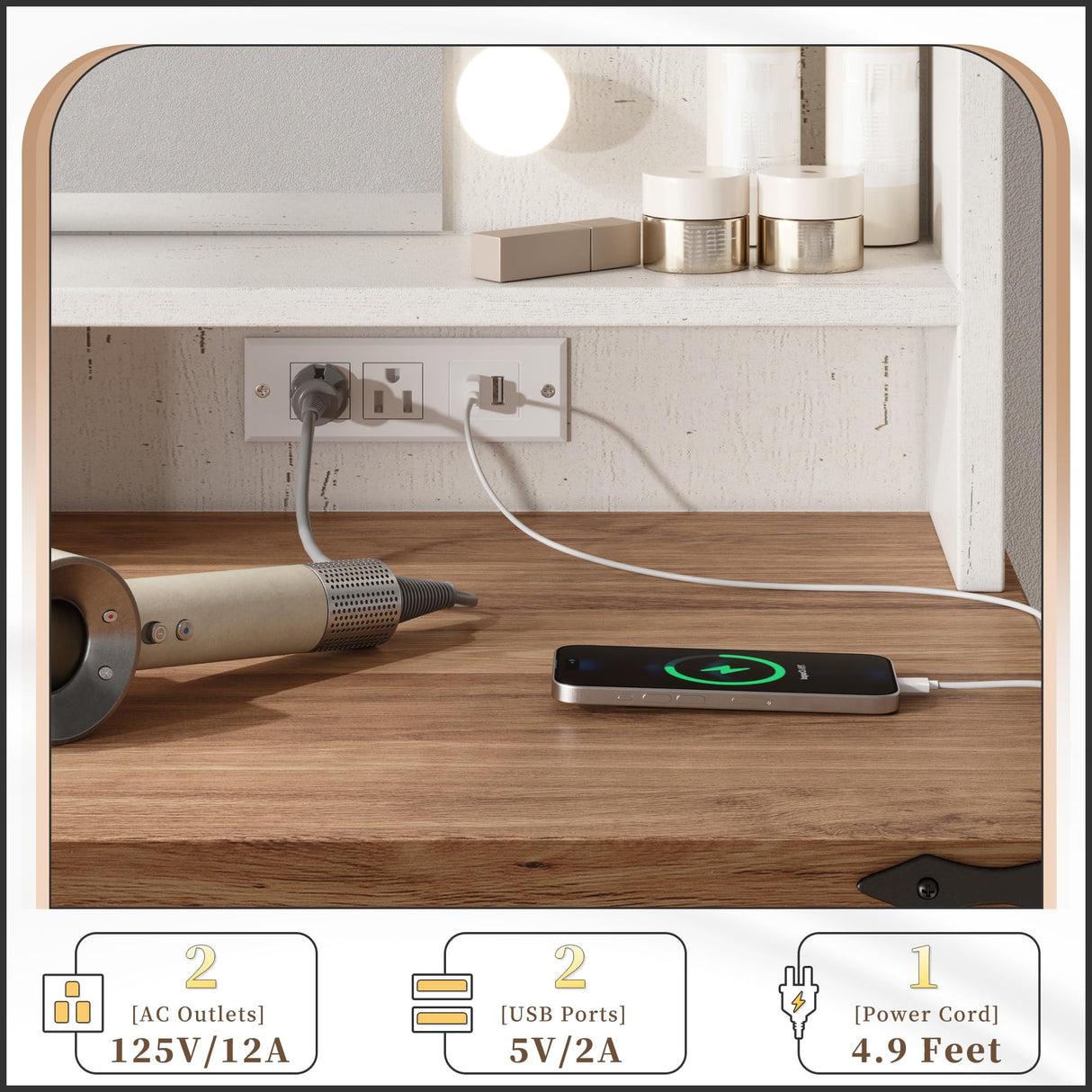 EnHomee Vanity Desk with Mirror and Lights 31.5" W Farmhouse Makeup Vanity Desk with Charging Station Vanity Table with 2 Drawers & Shelves 3 Color Modes Adjustable, Stool Not Included, Antique White EnHomee