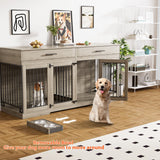 Rophefx 72" Dog Crate Furniture for 2 Dogs, Large Dog Kennel Furniture with 2 Storage Drawer and Removable Divider, Wooden Dog Cage with 4 Bowls, Indoor Dog House TV Stand for Large Medium Dog, Grey Rophefx