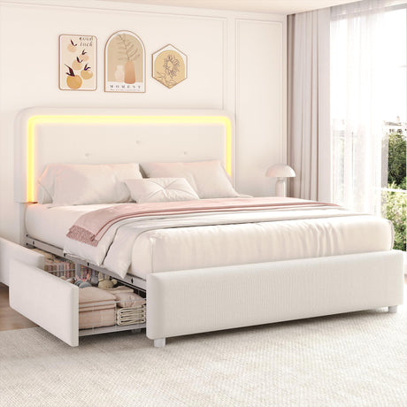Full Boucle Upholstered LED Bed Frame with Storage Drawer and Adjustable Chic Double Arc Headboard, Princess Platform Cloud Bed with Backrest, Heavy Duty Metal Support, No Box Spring Needed, White Jocoevol