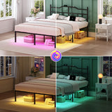 YORMDMO King Bed Frame with LED Lights, 14 inch Metal Bedframe with Headboard, Outlets & USB, Heavy Duty Basic Steel Slats Platform, Noise Free, No Box Spring Needed YORMDMO