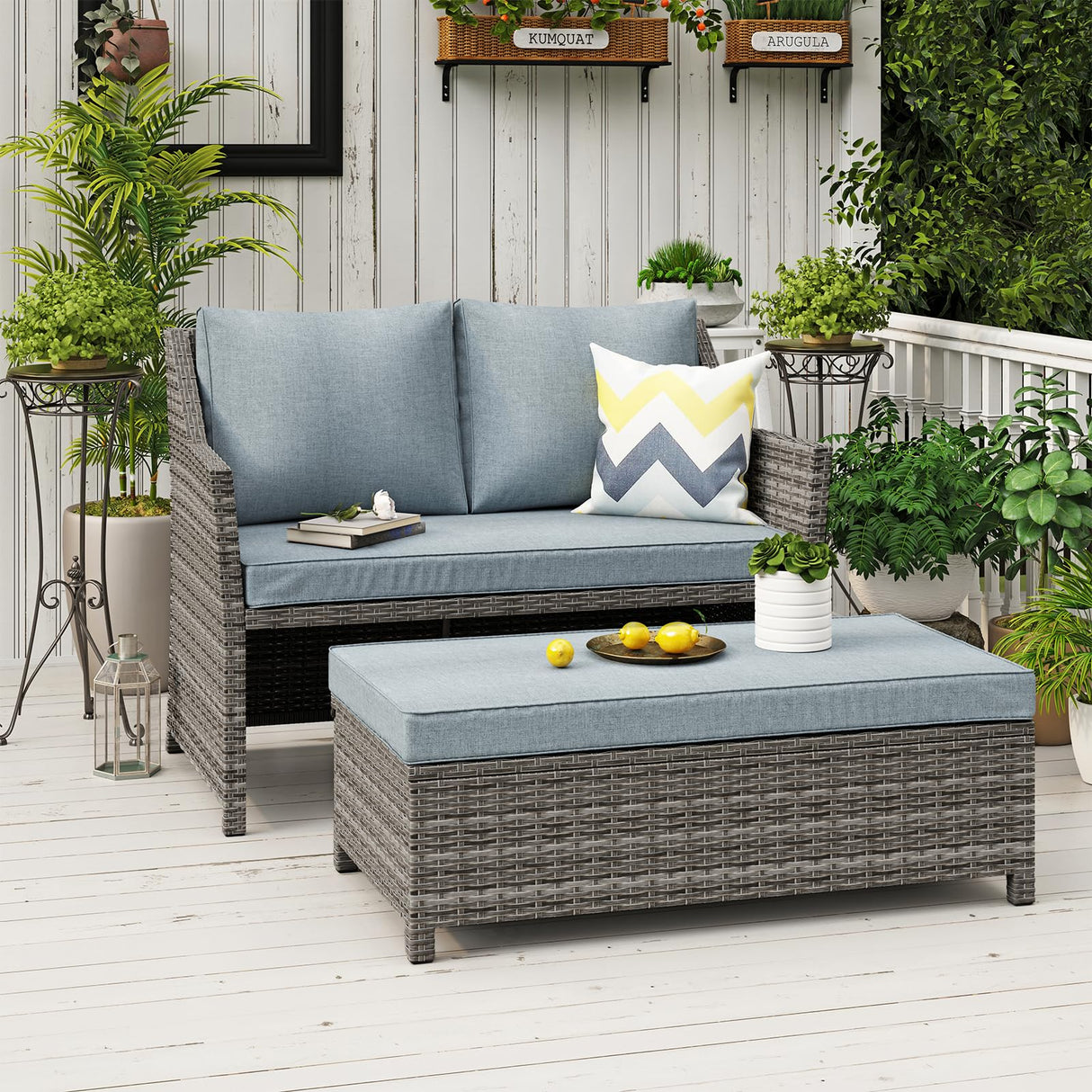 OC Orange-Casual 2-Piece Outdoor Patio Furniture Wicker Love-seat and Coffee Table Set, with Built-in Storage Bin, Grey Rattan, Grey Cushions OC Orange-Casual