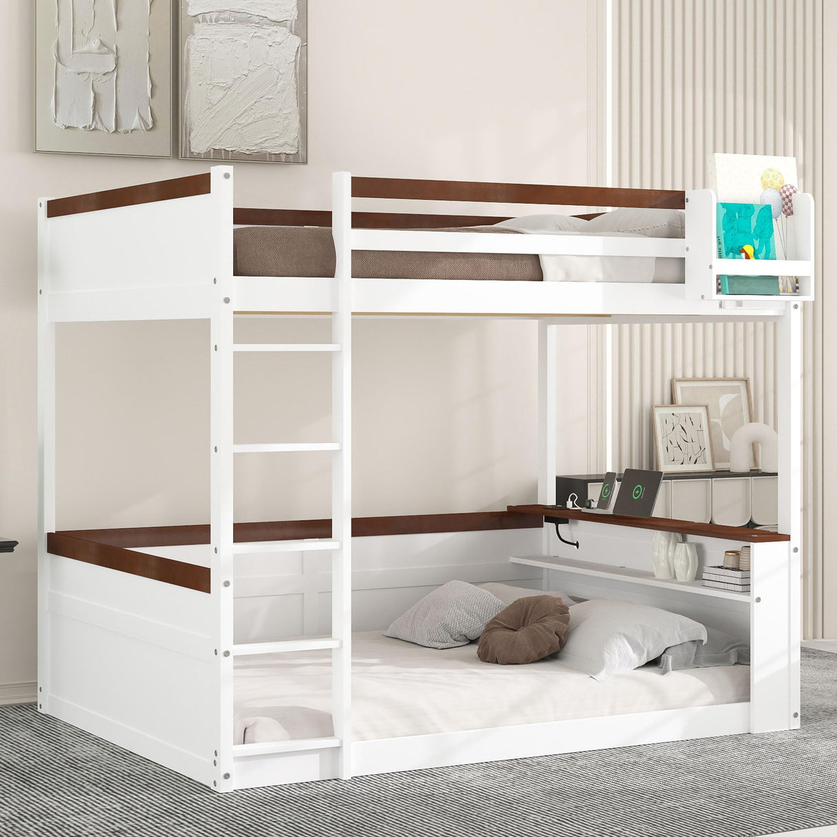 Merax Queen Over Queen Bunk Bed with Built-in Shelves for Teens Adults, Wood Bunk Bed with Light, USB Charging Station, No Box Spring Needed, White Brown Merax