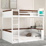 Merax Queen Over Queen Bunk Bed with Built-in Shelves for Teens Adults, Wood Bunk Bed with Light, USB Charging Station, No Box Spring Needed, White Brown Merax