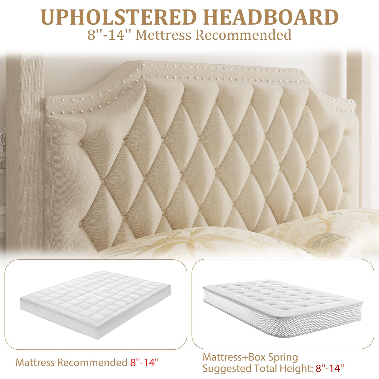 GarveeHome Upholstered Canopy Bed Frame Queen Size with Headboard, Button Tufted, Nailhead Trim Design, No Box Spring Required, Natural GarveeHome