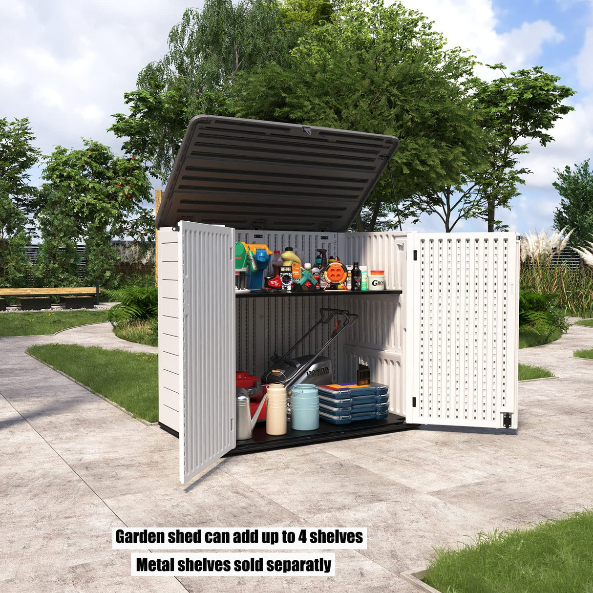 Mrosaa Large Horizontal Storage Sheds,38 cu.ft. Outdoor Storage Box for Garden,Patio and Backyard,Customized Shelves &Lockable(Off White) Mrosaa