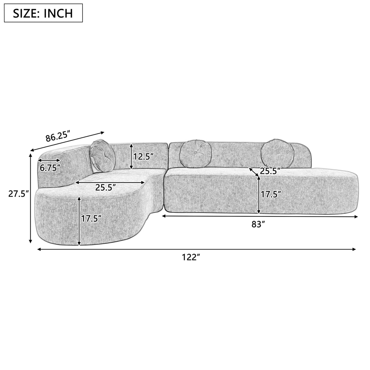 BSYEIO 122'' Large Curved Sectional Sofa, Modern Elegant L-Shaped Couch, Fabric Upholstery with 3 Round Cushions, Curved High Resilience Couch Sofas 4 Seater for Living Room,Apartment,Bedroom-White BSYEIO
