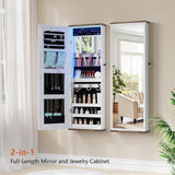 FREDEES Farmhouse Jewelry Organizer,Jewelry Armoire Cabinet with LED Lights Wall or Door Mounted, Full Length Mirror with Storage&Lockable,Interior Mirror,White FREDEES