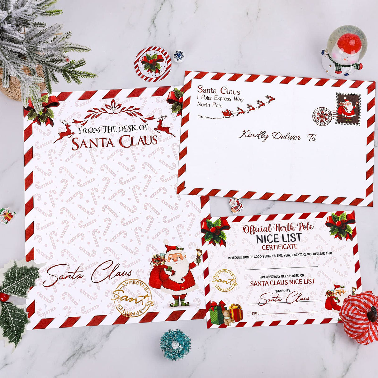 AnyDesign 15 Sets Christmas Official Letters Certificate from Santa Claus Include 15Pcs Red White Stripes Writing Letter 15Pcs Nice List Certificate 15 Envelopes and 30 Stickers for Family Party Favor AnyDesign