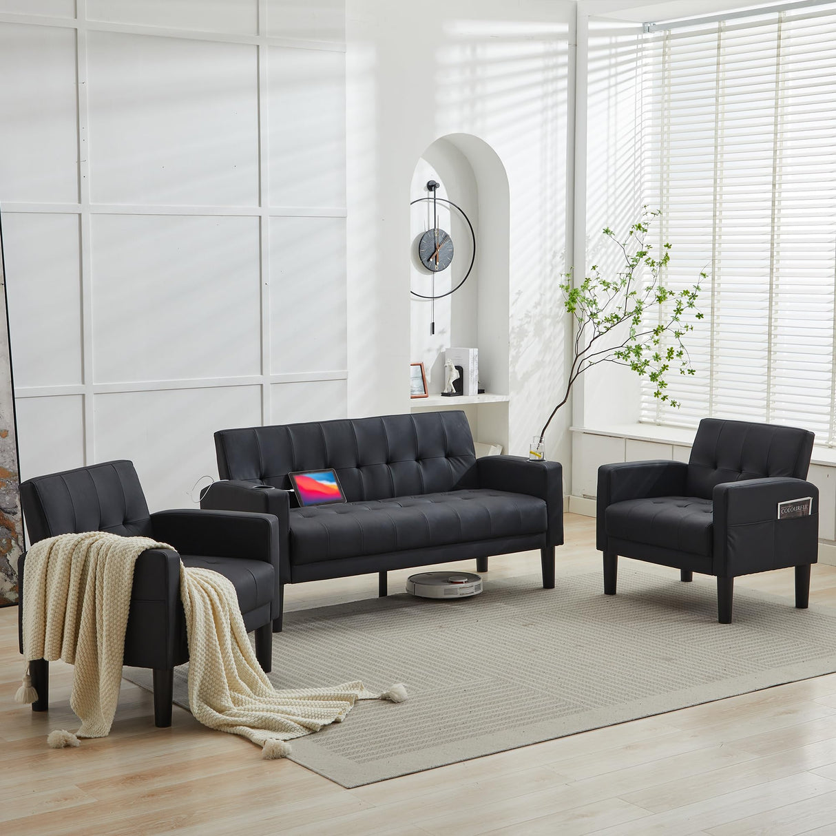 TYBOATLE Sofa Couch 62" W Loveseat w/ 2 USB Charger Ports & 2 Cupholders, Mid-Century Modern Tufted Small Love Seat Couches for Office, Living Room,Bedroom,Apartment,Dorm (3, Black) TYBOATLE