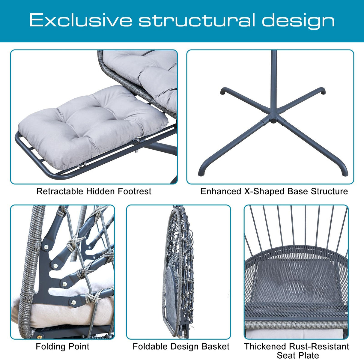 Hanging Egg Chair with Stand and Leg Rest – Rattan Wicker Swing Hammock Chair, UV-Resistant Cushion, Heavy-Duty Frame for Indoor & Outdoor Patio, Bedroom, Balcony, Garden – 330 lbs Capacity. Outlux