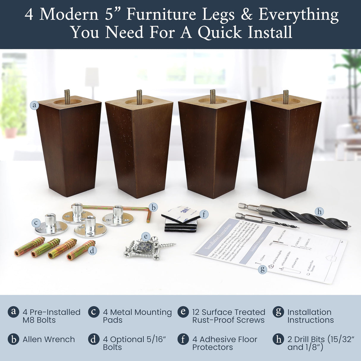 Airy Abode Walnut Brown Square Furniture Legs Set of 4 - Pick Your Size and Color Airy Abode