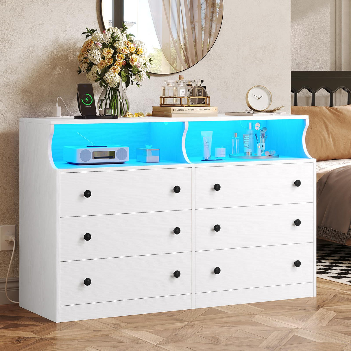 Hasuit 6 Drawer Dresser with LED Lights and Charging Station, Wide Chest of 6 Drawers with Open Space, Modern Large Capacity Storage Cabinet, White Dresser for Bedroom, Living Room, Hallway Hasuit