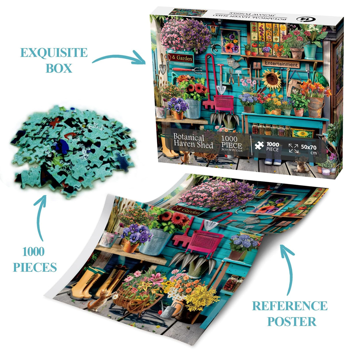 Flower Plant Gardening Puzzle 1000 Piece for Adults, Spring Nature Garden Jigsaw Puzzle, Cat Colorful Cabin Puzzles BBOLDIN