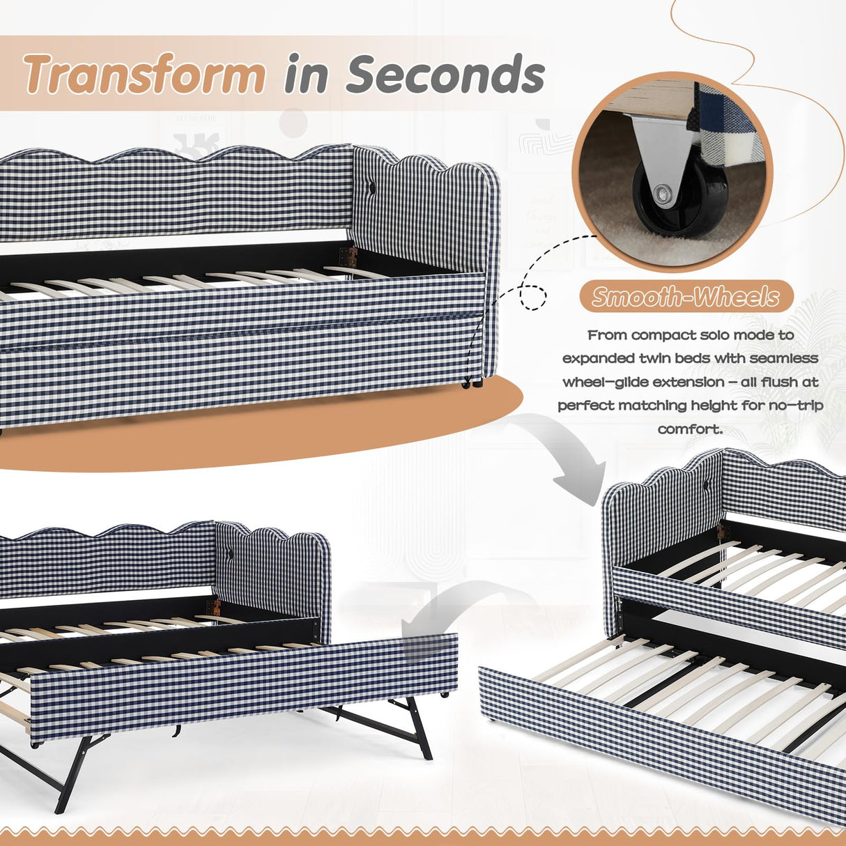 Twin to King Daybed with Trundle, USB Ports Soft Upholstered Daybed with Pop Up Trundle Bed Twin, Modern Extendable Day Bed Frame for Kids Bedroom Living Room Guest Room Small Places Navy Blue Deolme