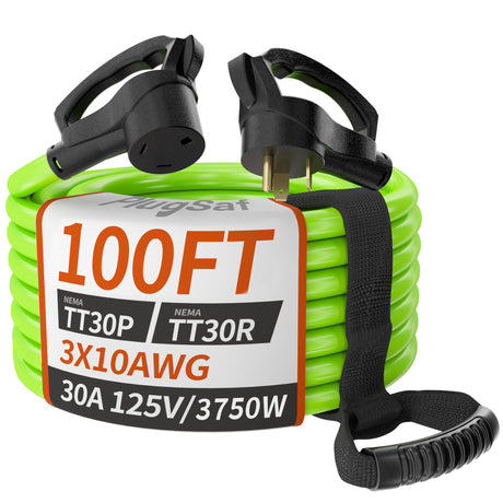 PlugSaf 100 FT 30 Amp RV Extension Cord Outdoor with Grip Handle, 10/3 Gauge Flexible Heavy Duty RV Power Cord Waterproof, NEMA TT-30P to NEMA TT-30R, 10AWG 125V 3750W STW, Green-Black, ETL Listed PlugSaf
