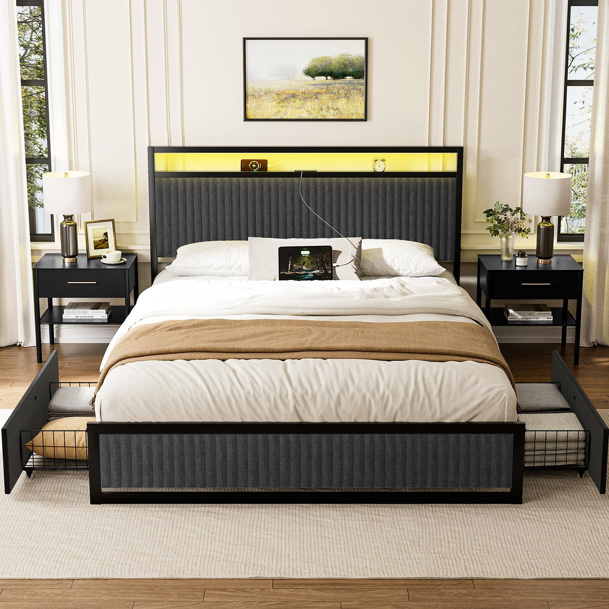 ROLETALENT Full Size Bed Frame with Headboard and Storage,Upholstered Bed Frame Full with Charging Station & LED,Velvet Platform Bed Frame with 2 Drawers,Metal Support,No Box Spring Needed，Dark Grey ROLETALENT