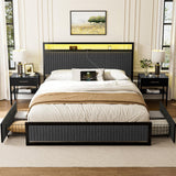 ROLETALENT Full Size Bed Frame with Headboard and Storage,Upholstered Bed Frame Full with Charging Station & LED,Velvet Platform Bed Frame with 2 Drawers,Metal Support,No Box Spring Needed，Dark Grey ROLETALENT