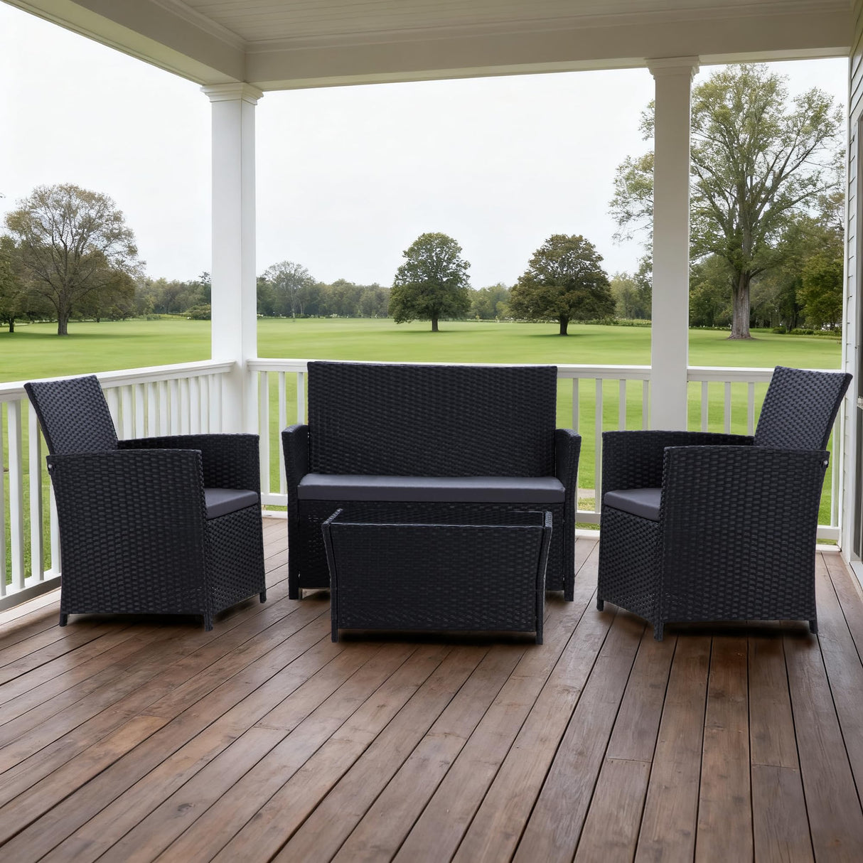 Seogwisam 4 Piece Patio Furniture Set, Outdoor Wicker Conversation Set, Rattan Sectional Sofa Couch with Glass Coffee Table & Thick Cushion for Backyard, Porch, Garden, Poolside, Black/Grey Seogwisam