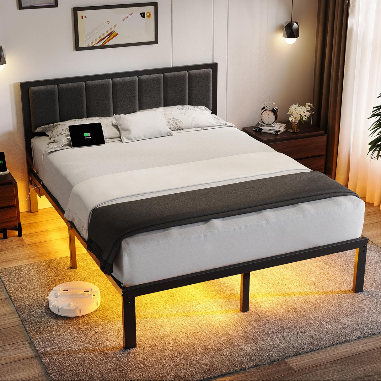 OLEVS Queen Bed Frame with Headboard Metal Platform Bed Queen Size with USB Charging Station and LED Lights, No Box Spring Needed OLEVS