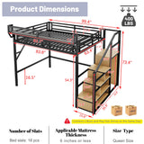 MoproBeti Queen Loft Bed with Stairs, Metal Loft Bed Queen Size with Storage Shelves, Adults Loft Bed with Wardrobe, Heavy Duty High Loft Bed for Teens, No Box Spring Needed, No Noise, Black MoproBeti
