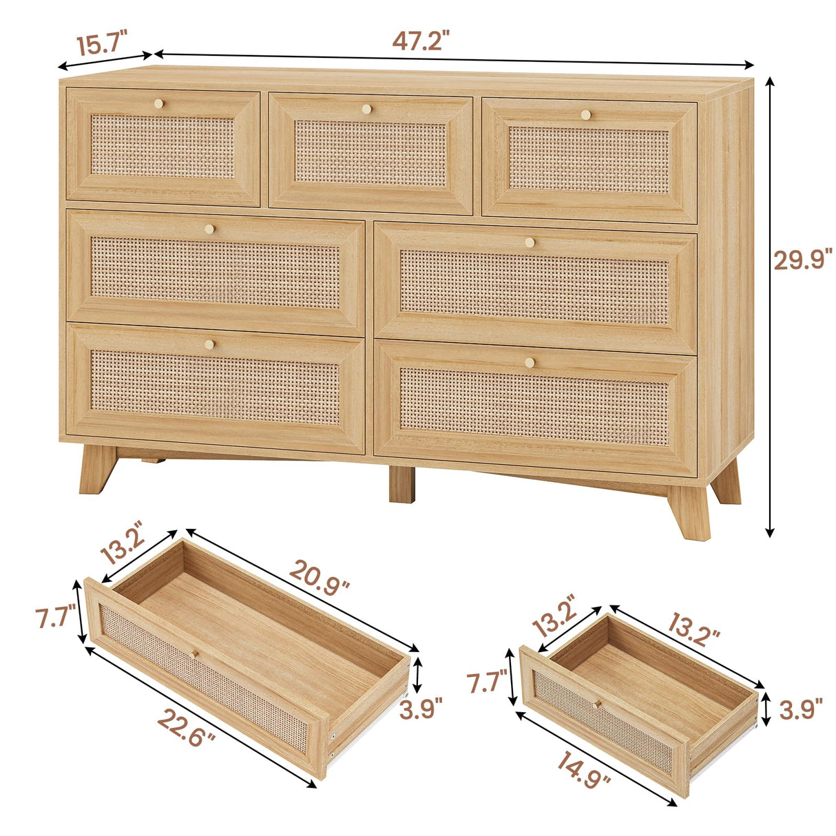 VIAGDO Rattan Dresser for Bedroom, 7 Drawer Dresser with Natural Rattan Drawers, Wooden Wide Cabinet with Gold Handles, Modern Closet Storage Chest of Drawers for Nursery Entryway Living Room VIAGDO