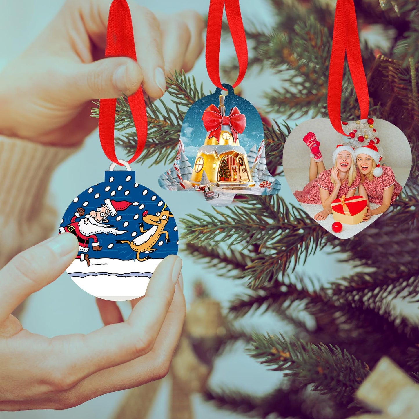 Suzile 36 Pieces Christmas Sublimation Ornament Blanks MDF Sublimation Ornaments Double Sided Personalized Pendants Christmas DIY Hanging Ornament with Red Ribbon for Christmas Wedding Home Decor