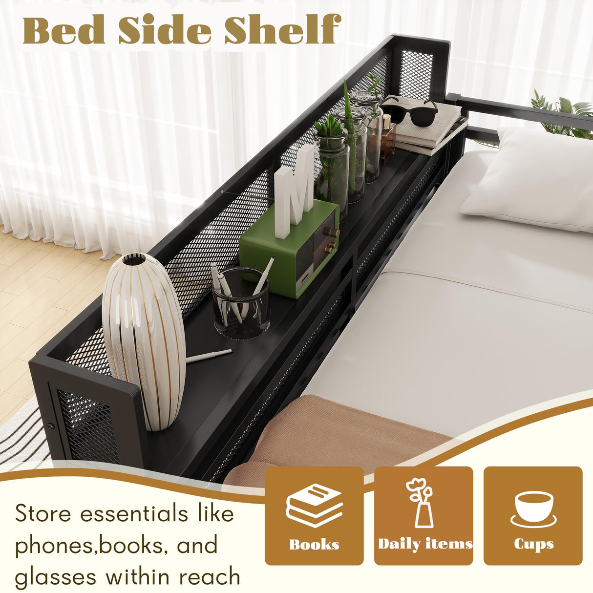 Mirightone Queen Size loft Bed with A Shelf, Metal Loft Beds with Soft Ladder Rung Cover, Heavy-Duty Tall Loft Bed Frame for Kids Boys Girls Teens Adults, Noise-Free,No Box Spring Needed, Black Mirightone