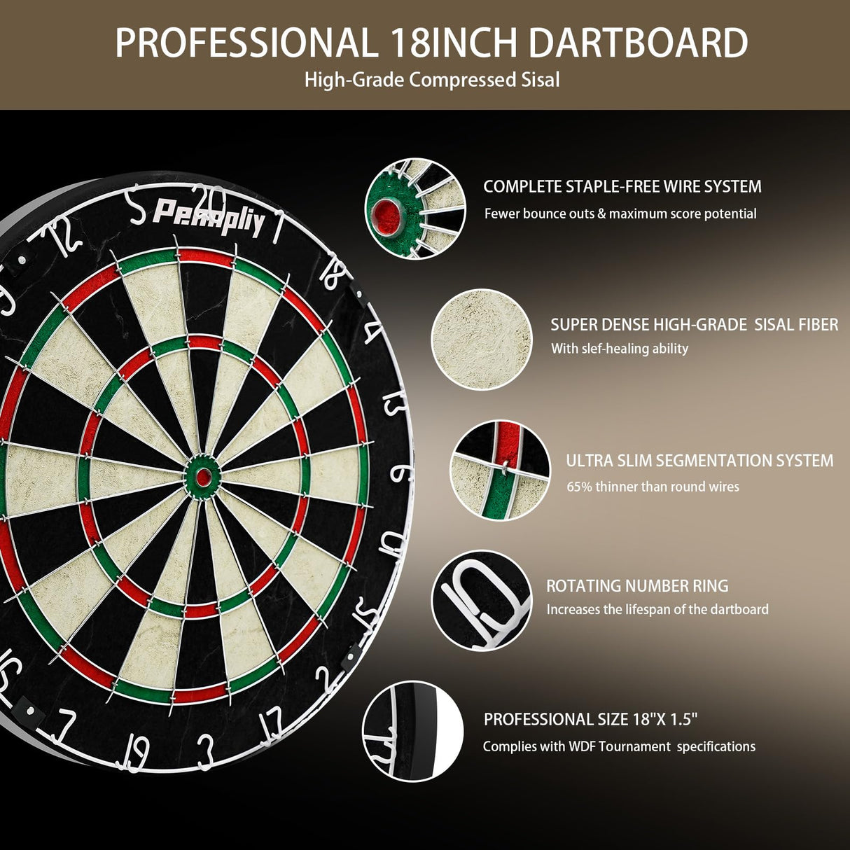 Pennpliy Bristle Dart Board Set, Professional Dart Board 18" with Steel Tip Darts Outdoor Dartboard Set, Compressed Sisal Metal Wire Board with Rotating Number Ring Includes 6pcs 18g Darts Pennpliy