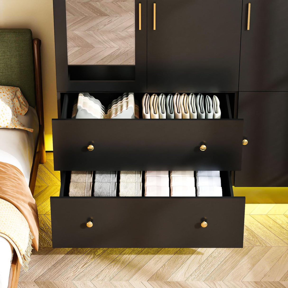 DalyLuxa 3 Doors Armoire Wardrobe Closet with Mirror & Organizers, LED Wooden Bedroom Armoires with Hanging Rod for Bedroom, Black DalyLuxa